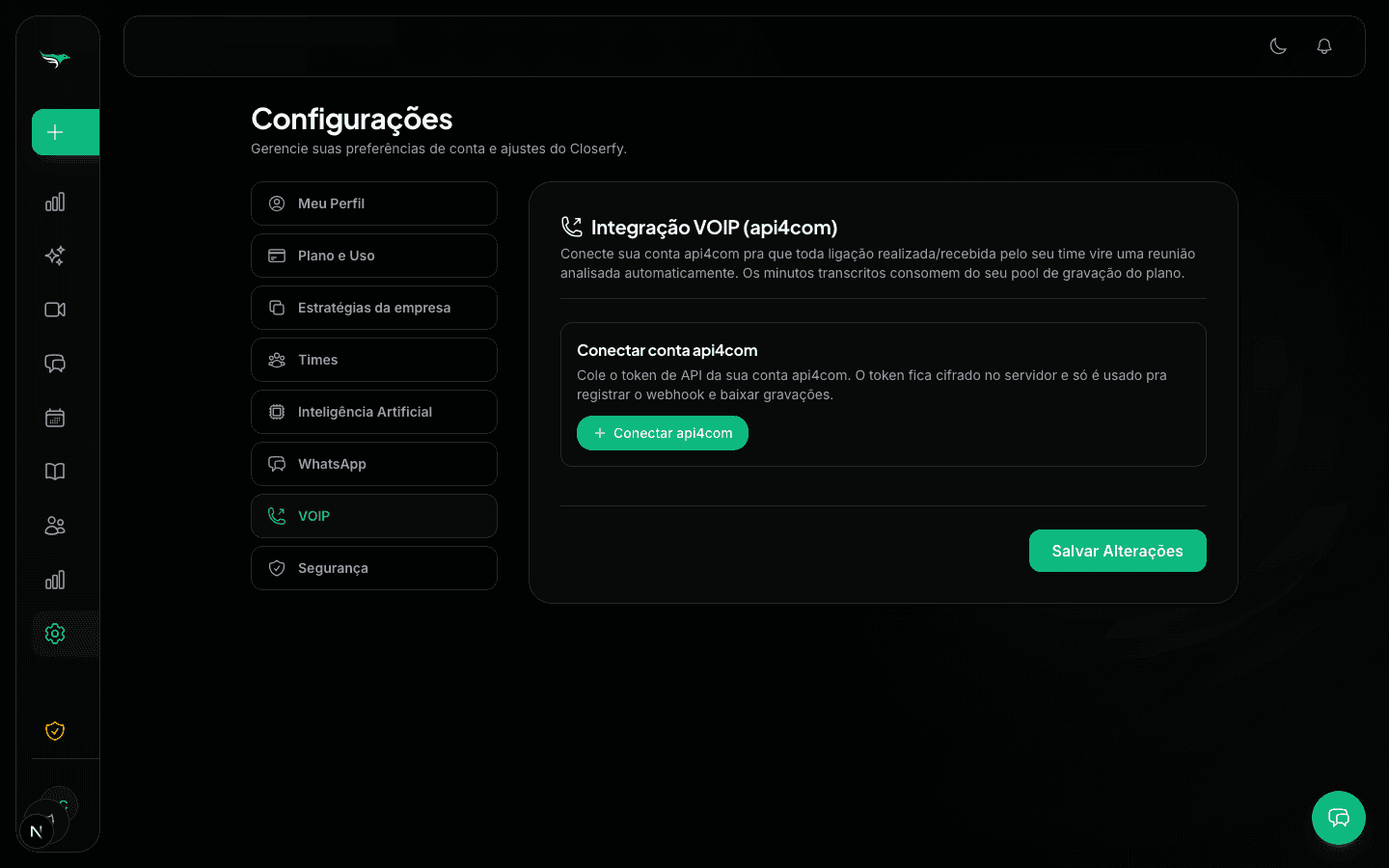 Integrações — Ligações VoIP (api4com) viram reuniões analisadas automaticamente.