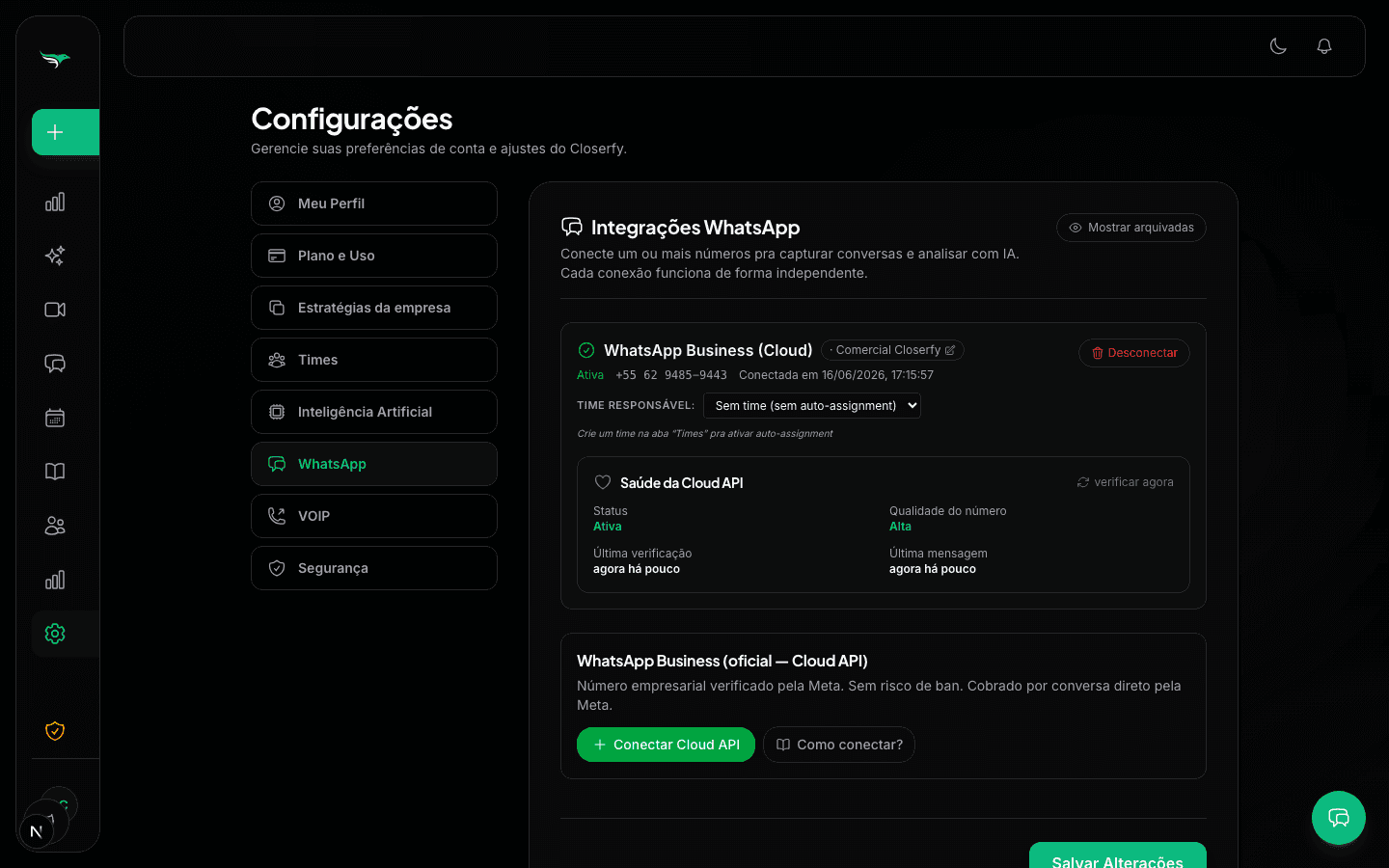 Tela do Closerfy — Integrações