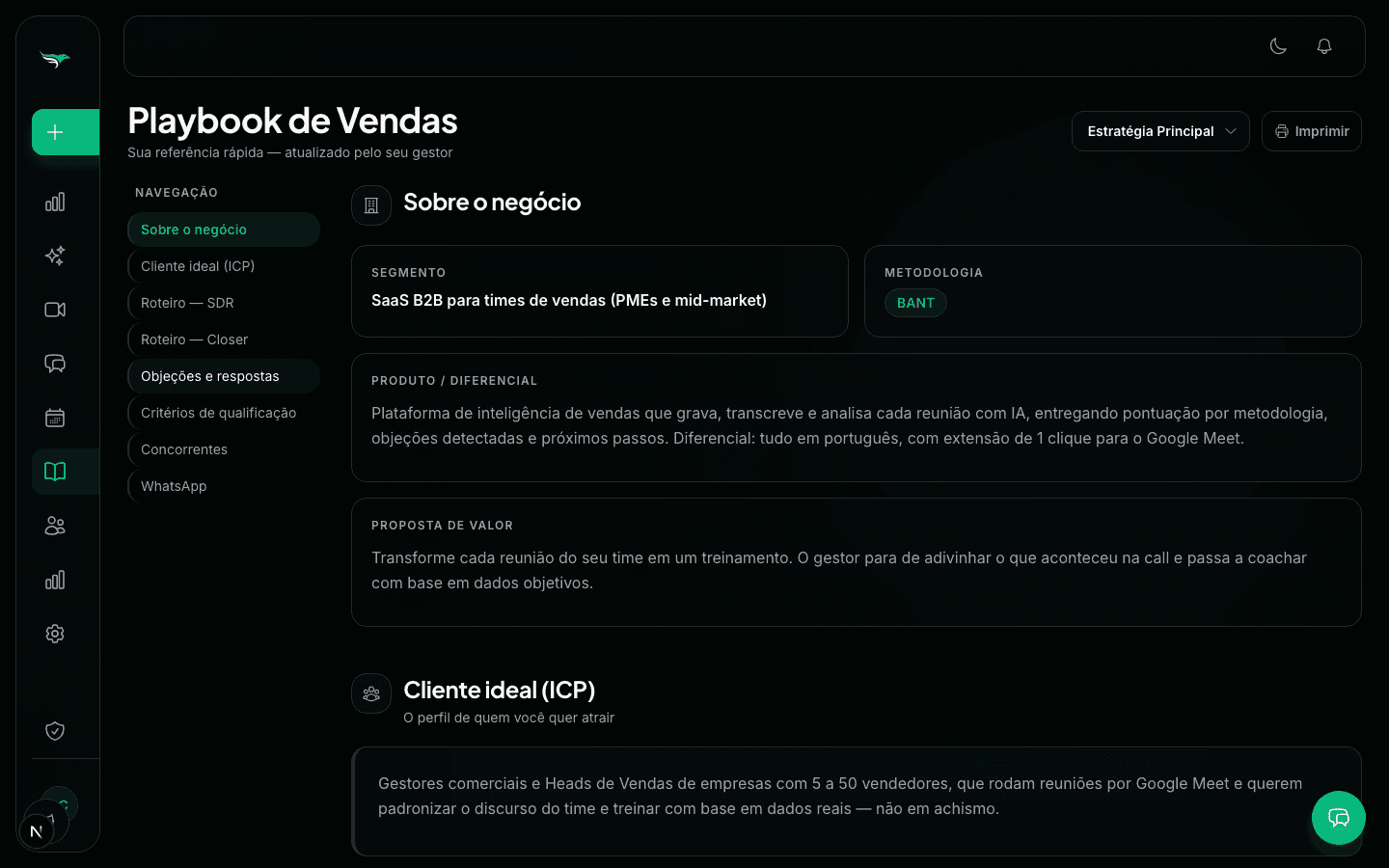 Tela do Closerfy — Playbook de Vendas com IA