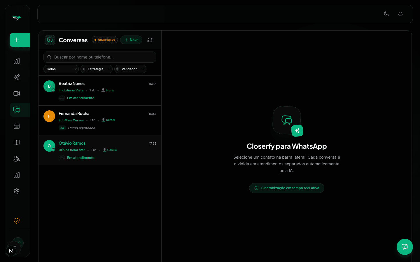 WhatsApp para Times de Vendas — Caixa de entrada com todas as conversas, vendedor responsável e status.